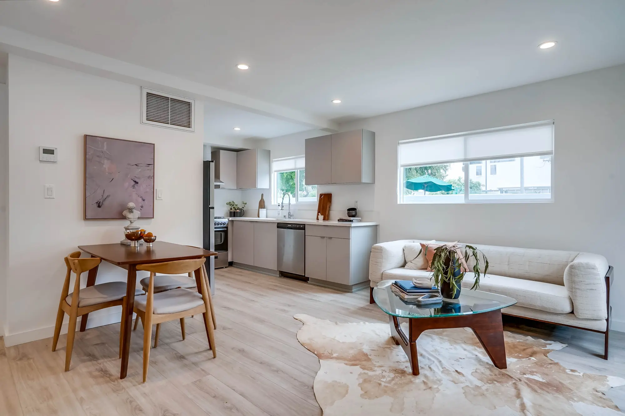Living and dining room in a renovated apartment